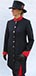J 1 navy single breasted coat dress with red velvet mandarin collar, sleeve inset, kick pleats and  trmmed with gold.JPG